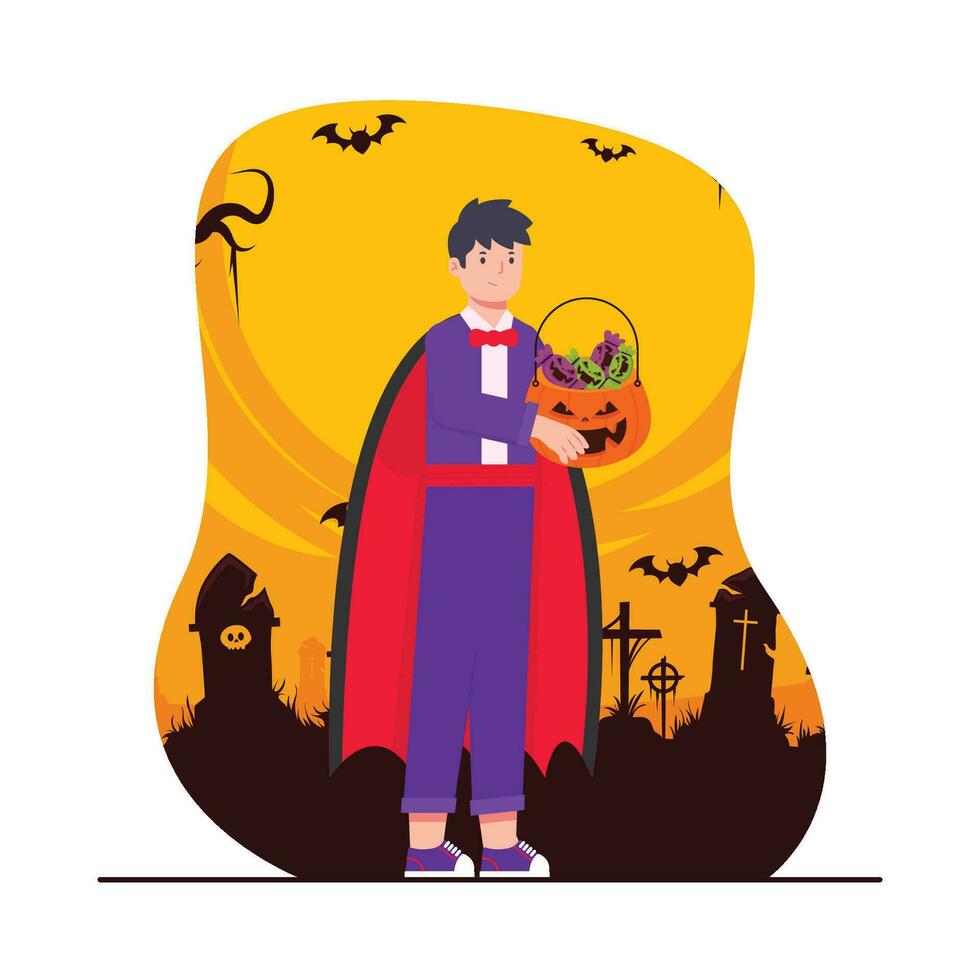 Halloween vector illustration in flat style. Boy in costume of dracula with pumpkin.