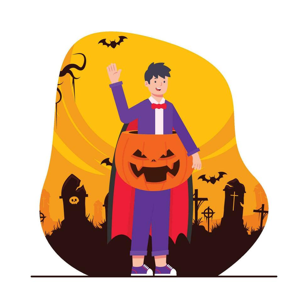 Halloween party vector illustration. Cartoon happy boy in costume of vampire with pumpkin on graveyard background.