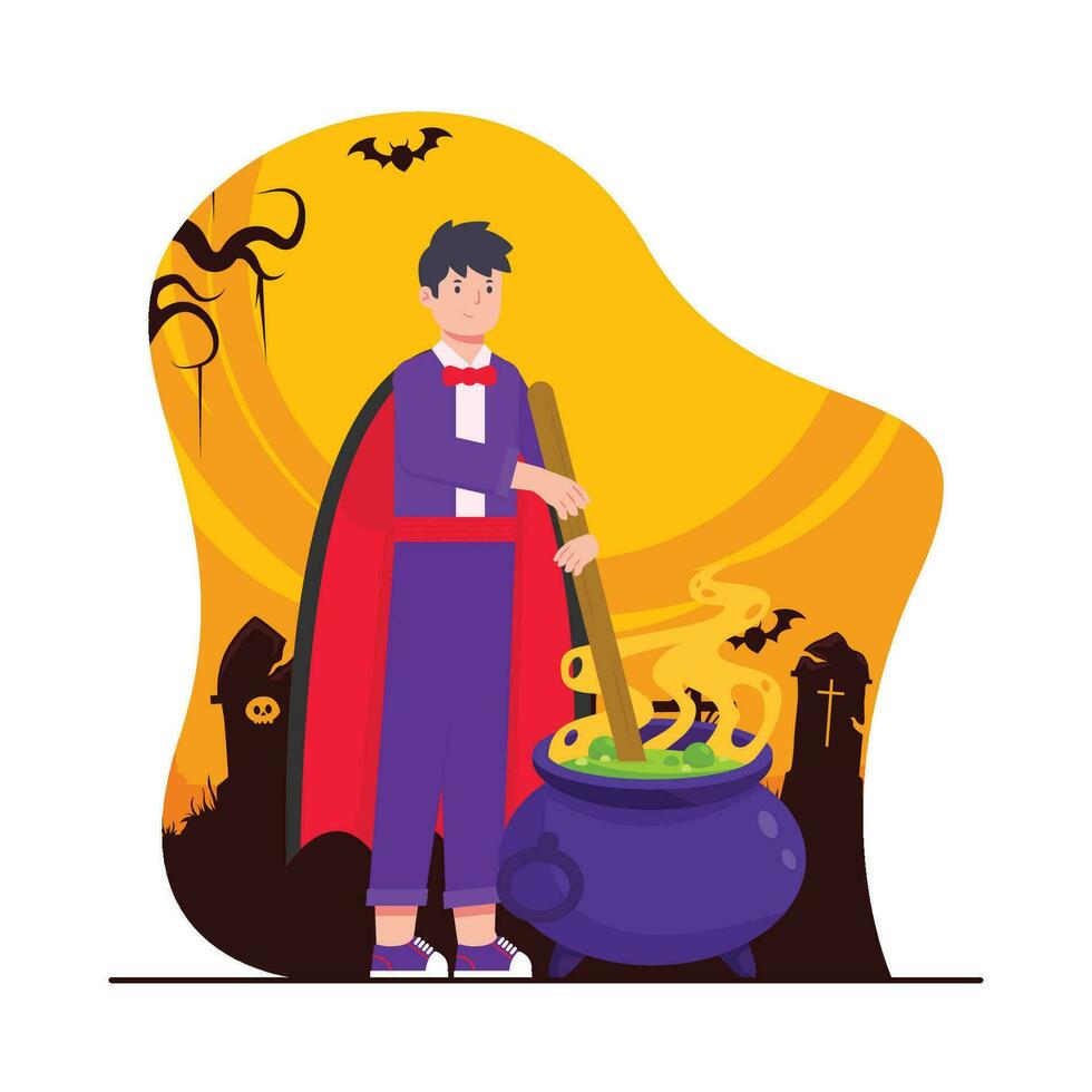 Halloween concept vector illustration. Cartoon flat man in costume of vampire with pot full of potion.