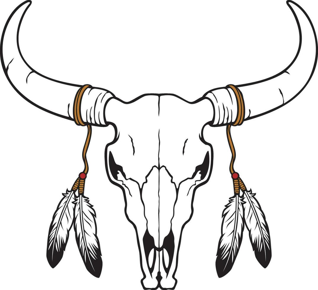 Native American Bull or Cow Skull with Feathers Vector Illustration