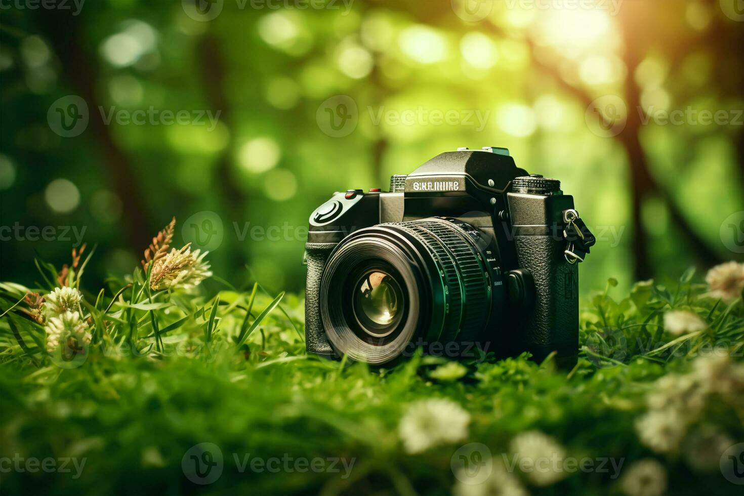 Green camera on grass with nature bokeh background. Nature concept. photo