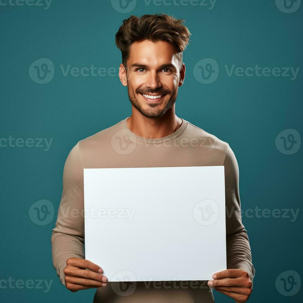 Handsome young man holding a blank sheet of paper photo