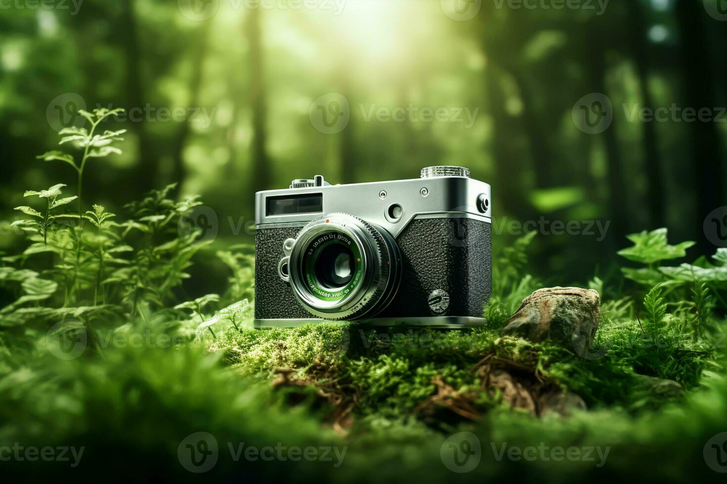 Green camera on grass with nature bokeh background. Nature concept. photo