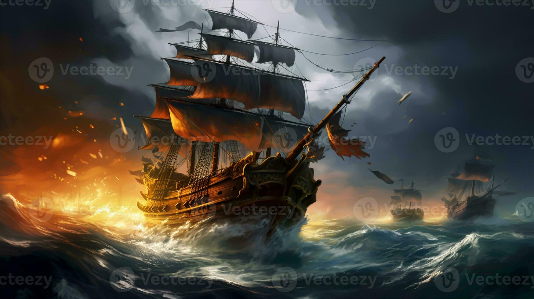 Sailing ship in stormy sea. photo