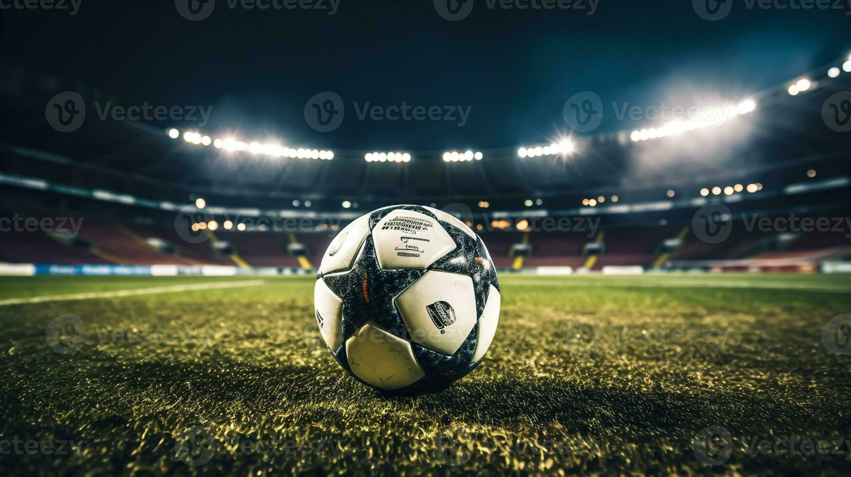 Soccer ball on green grass of football stadium at night with lights photo