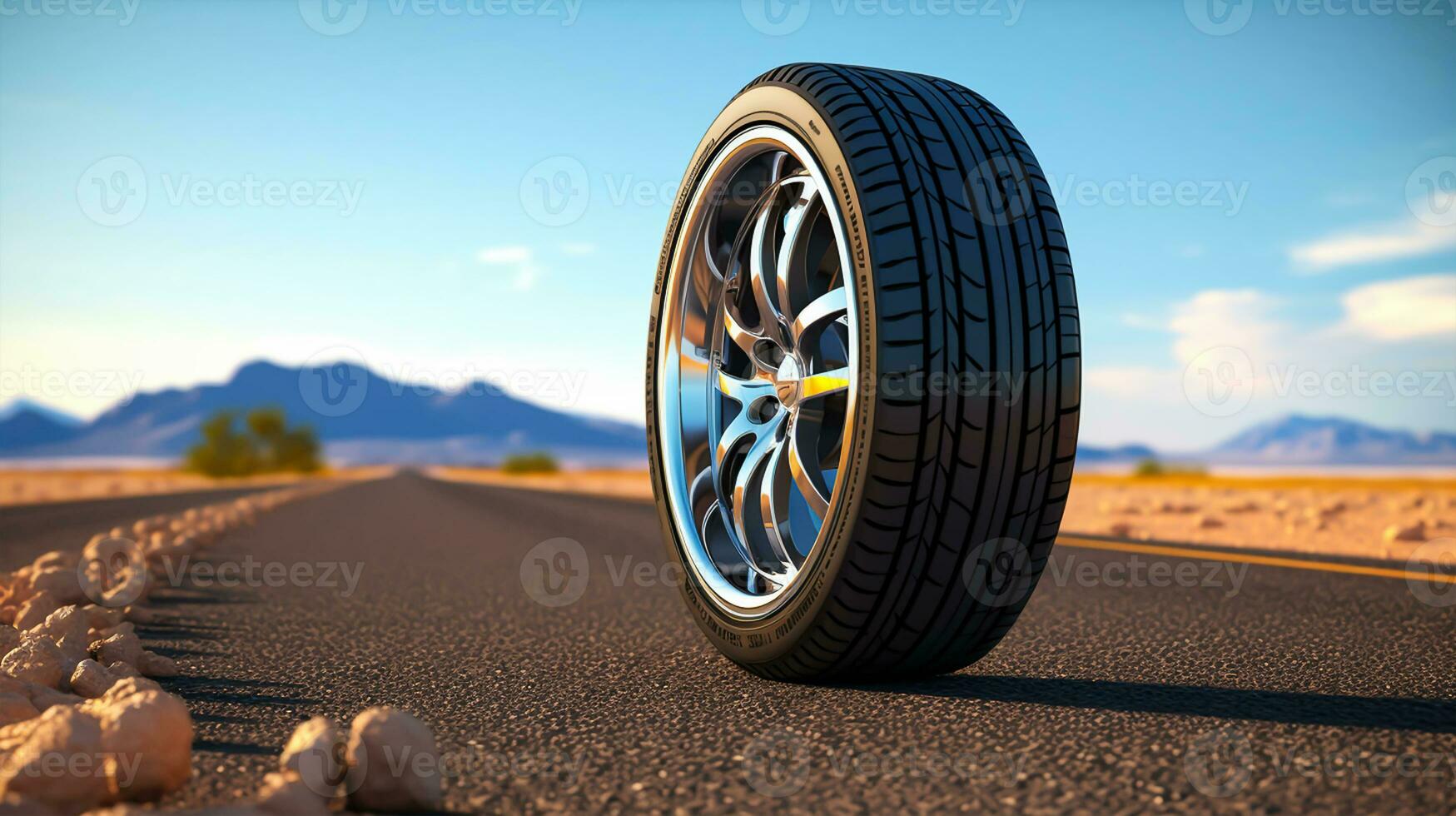 car wheel on asphalt road in the forest. photo