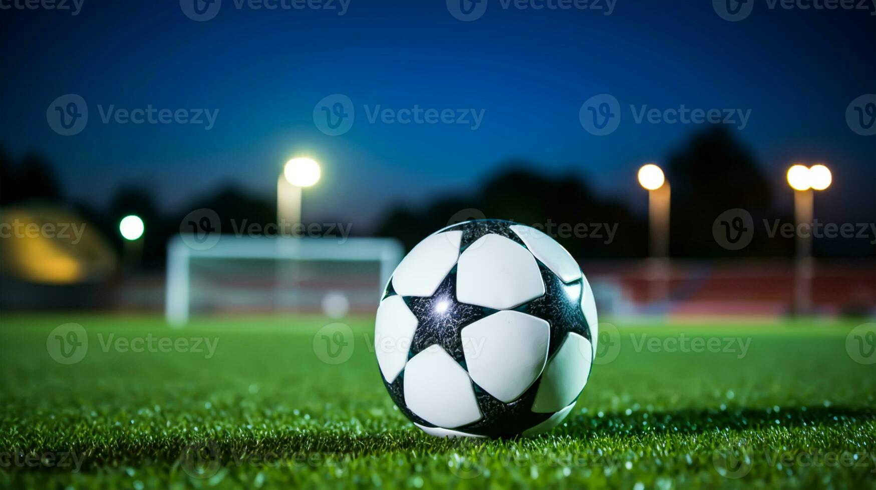 fútbol pelota en verde césped de fútbol americano estadio a noche con luces foto