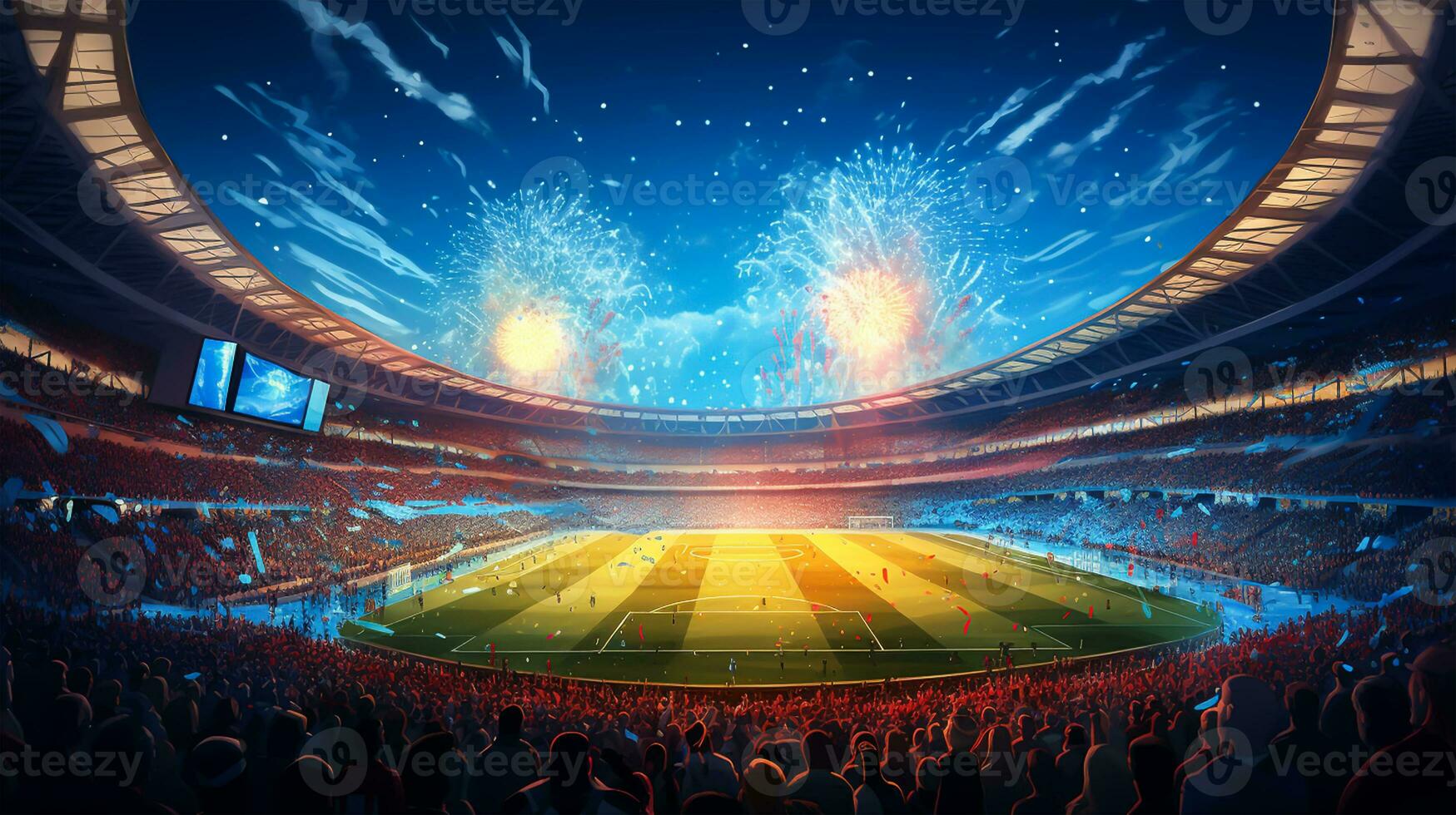 Soccer stadium with fans and fireworks at night photo