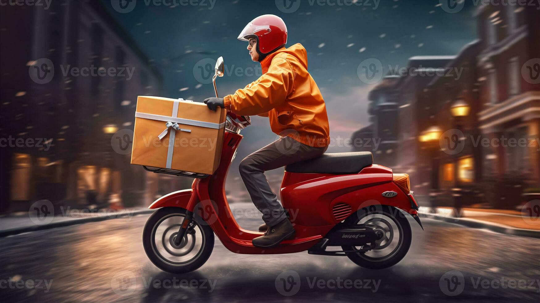 Delivery man on scooter with boxes in the city. Delivery service concept. photo