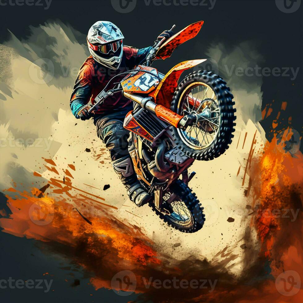 Motocross rider in action on fire background photo