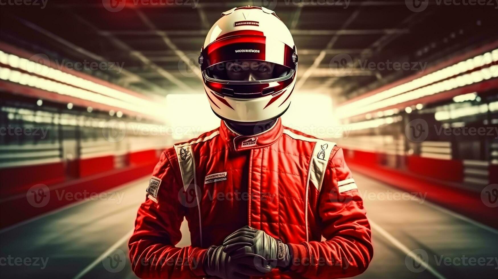 Close up of racing driver against race track with red lights photo