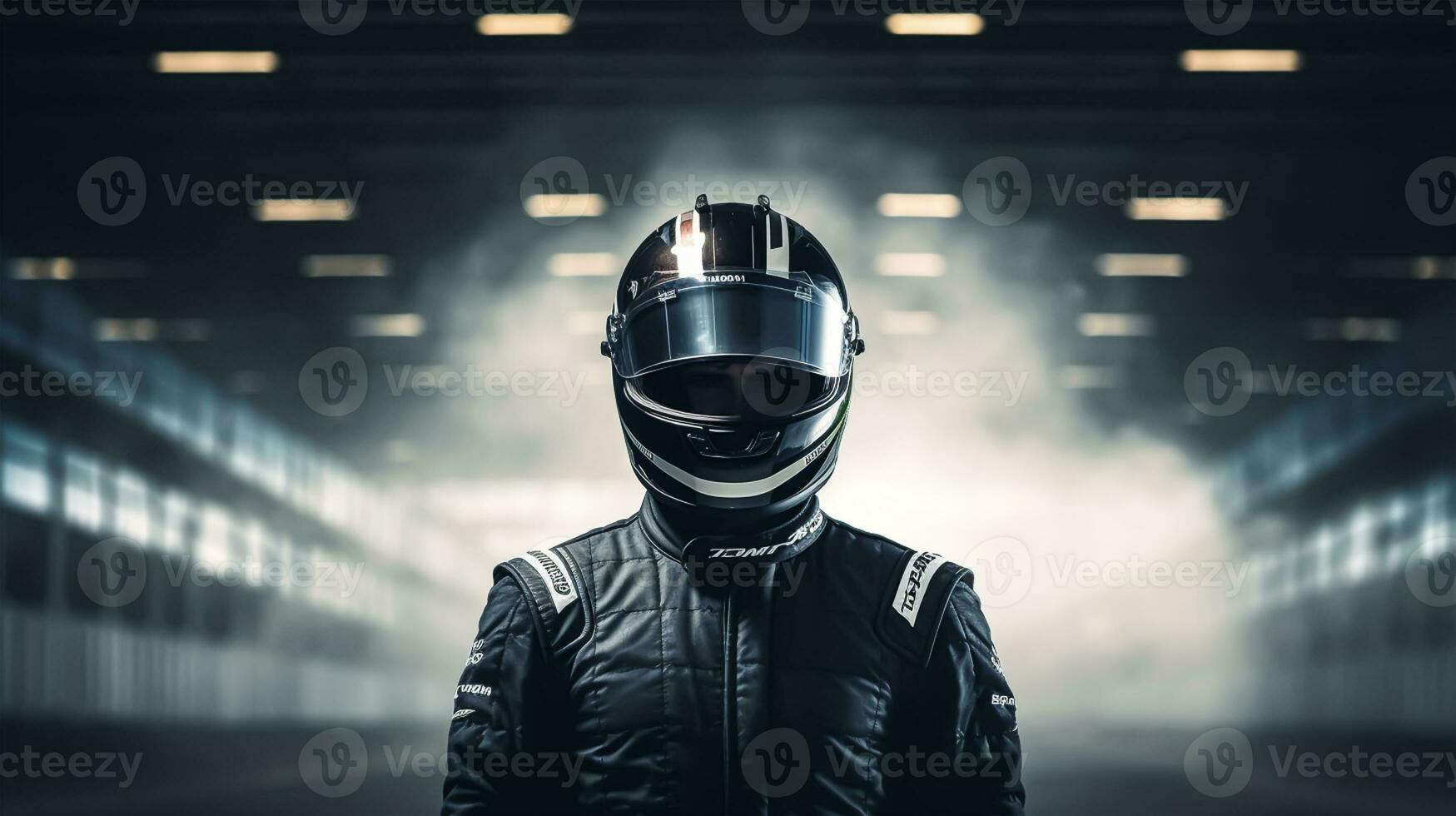 Close up of racing driver against race track with red lights photo