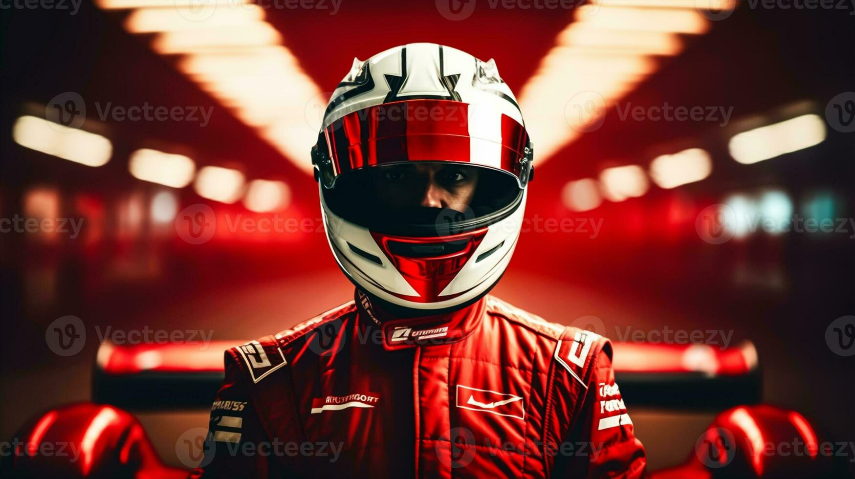 Young man in red racing suit and helmet on the race track. photo