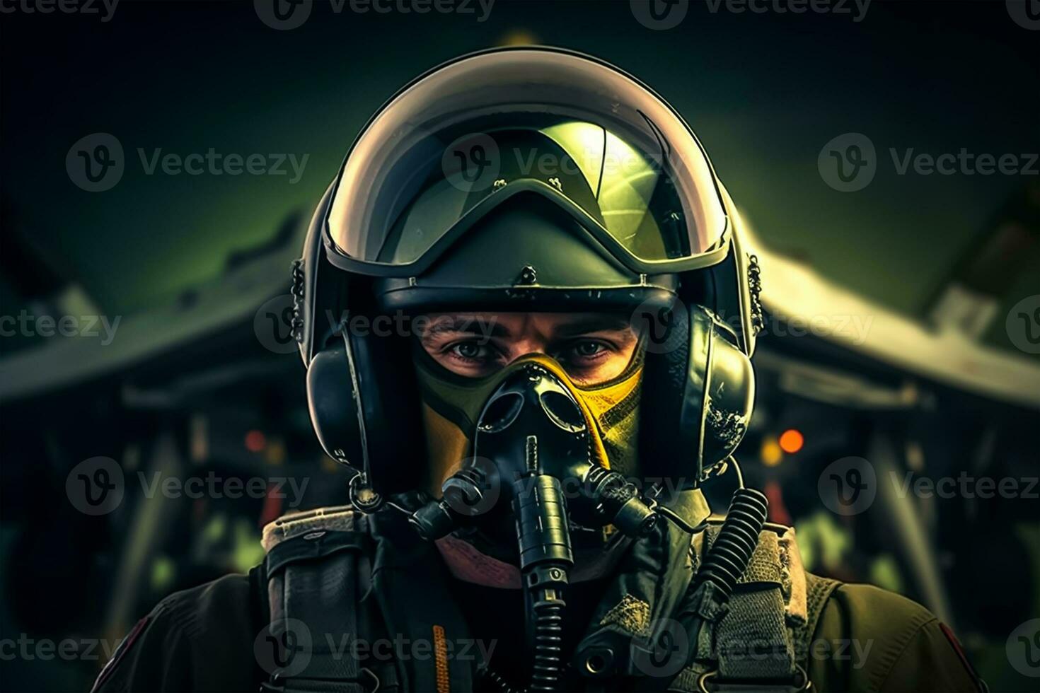 Portrait of a pilot in a helmet and gas mask against the background of an airplane photo