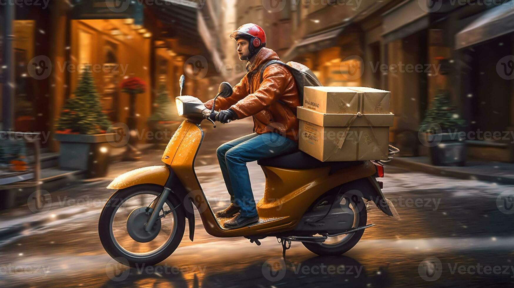 Delivery man on scooter with boxes in the city. Delivery service concept. photo