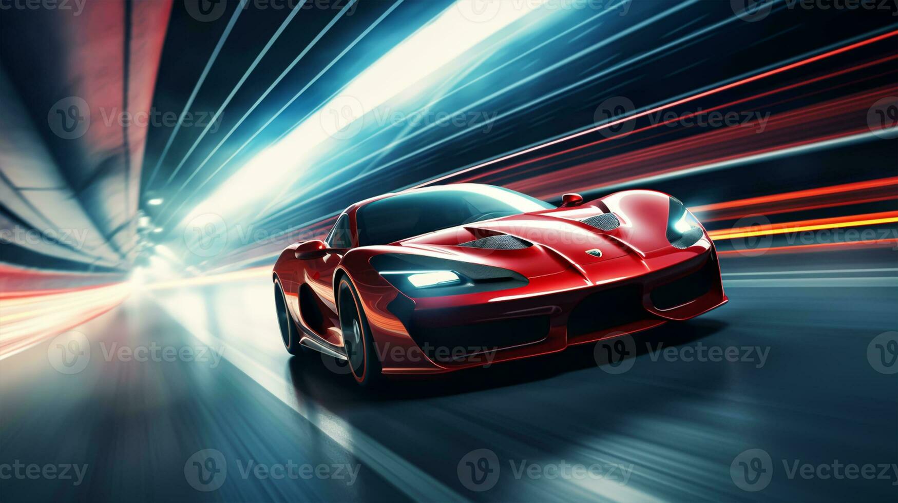 Red sport car on the road with motion blur effect photo