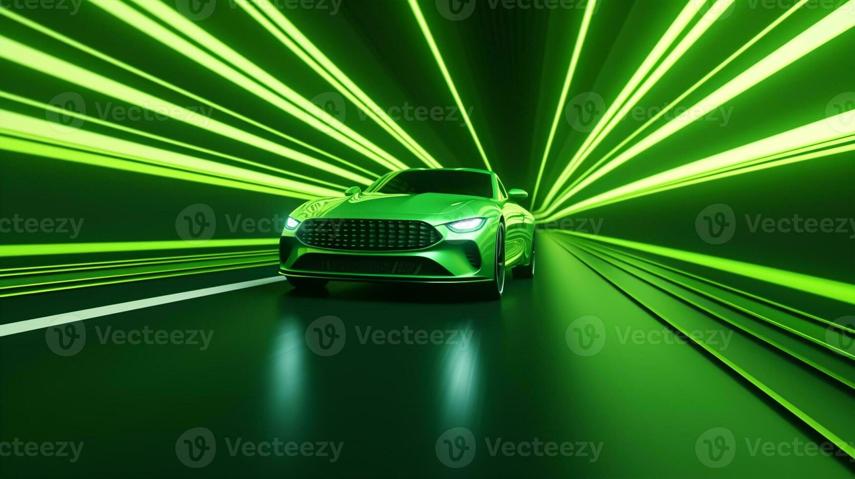 Fast drive green luxury sport car moving high speed on the road race track with motion blur effect photo