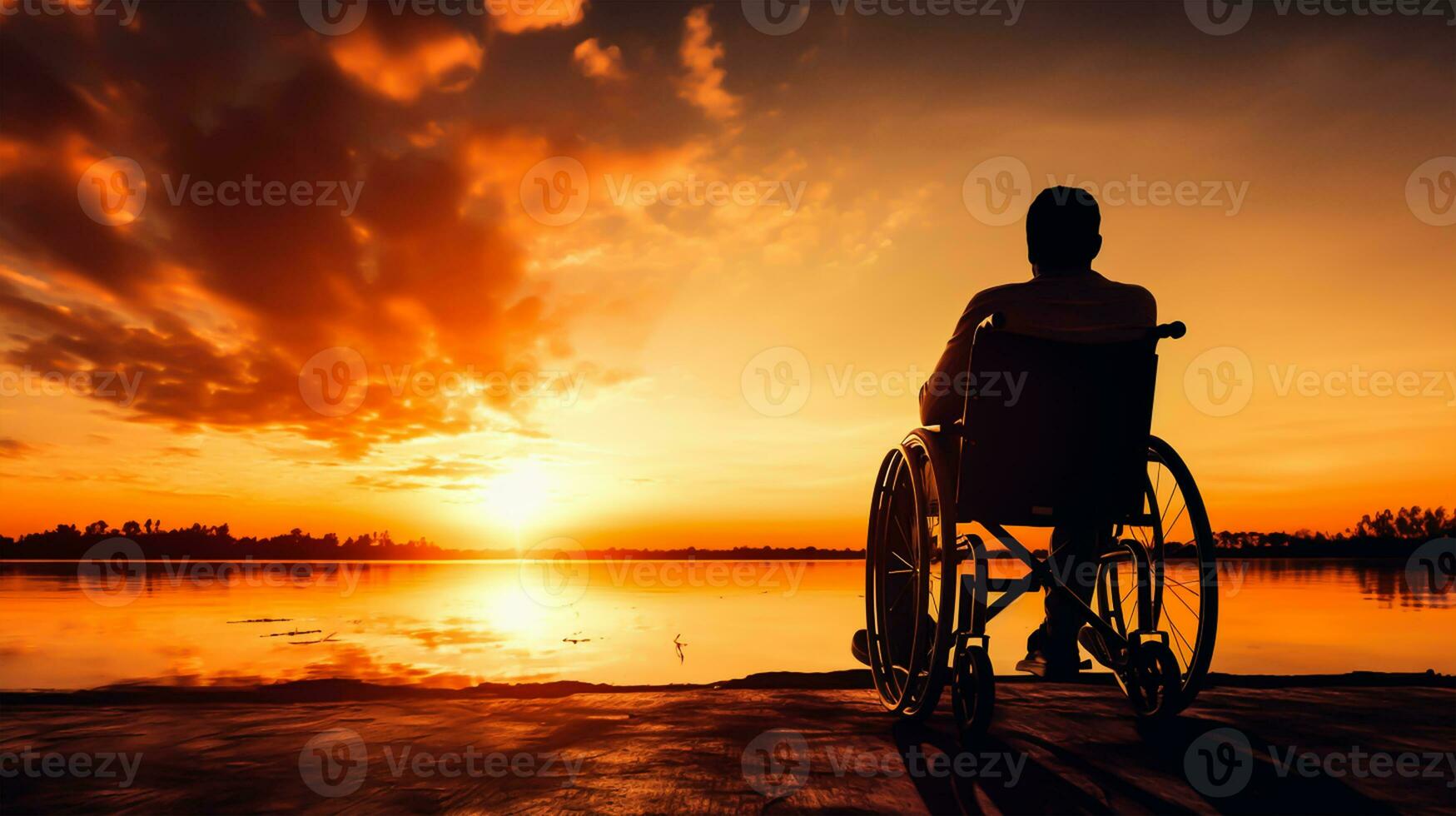 Silhouette of disabled man on wheelchair at the beach during sunset, Disable day photo