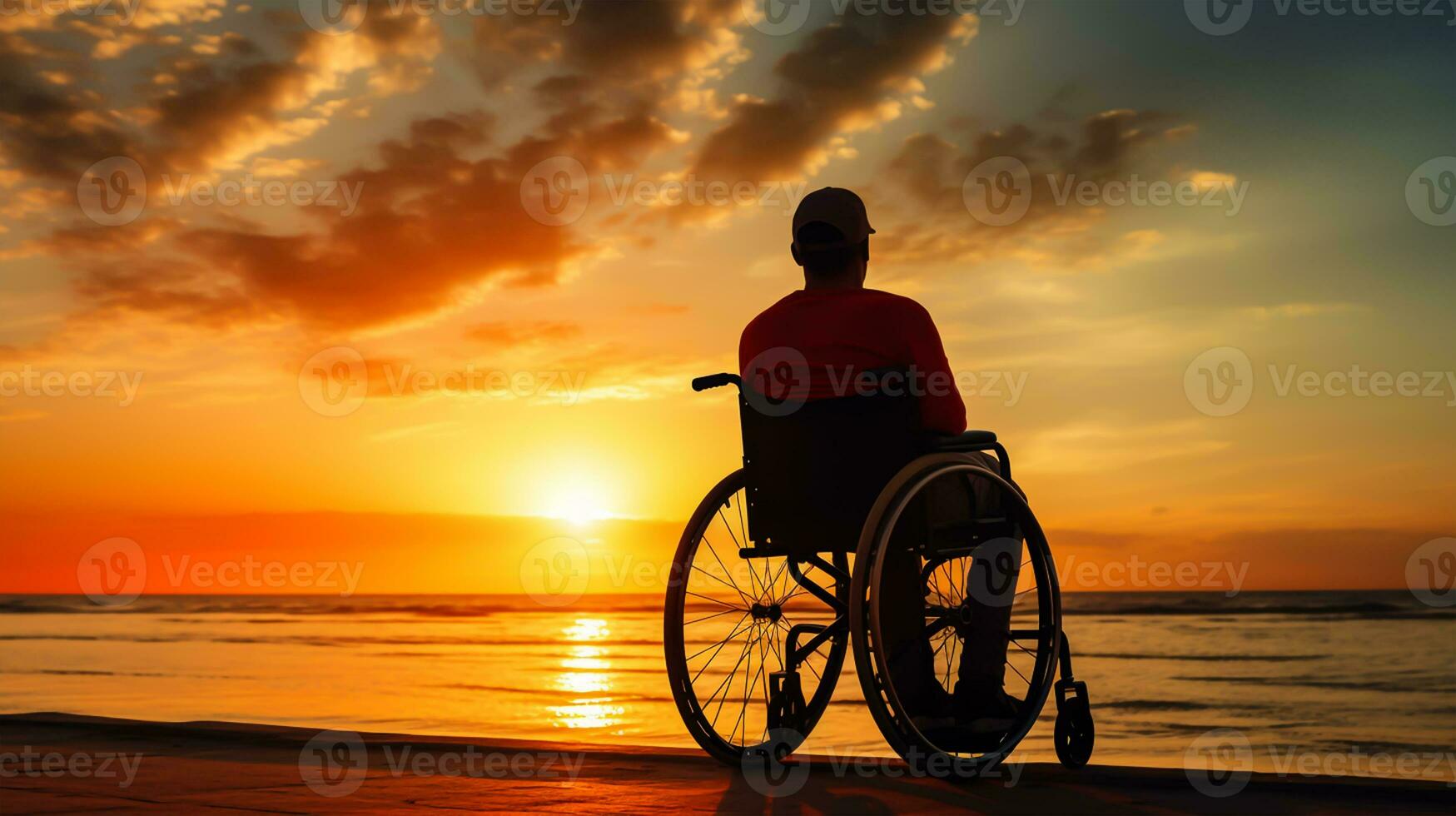 Silhouette of disabled man on wheelchair at the beach during sunset, Disable day photo