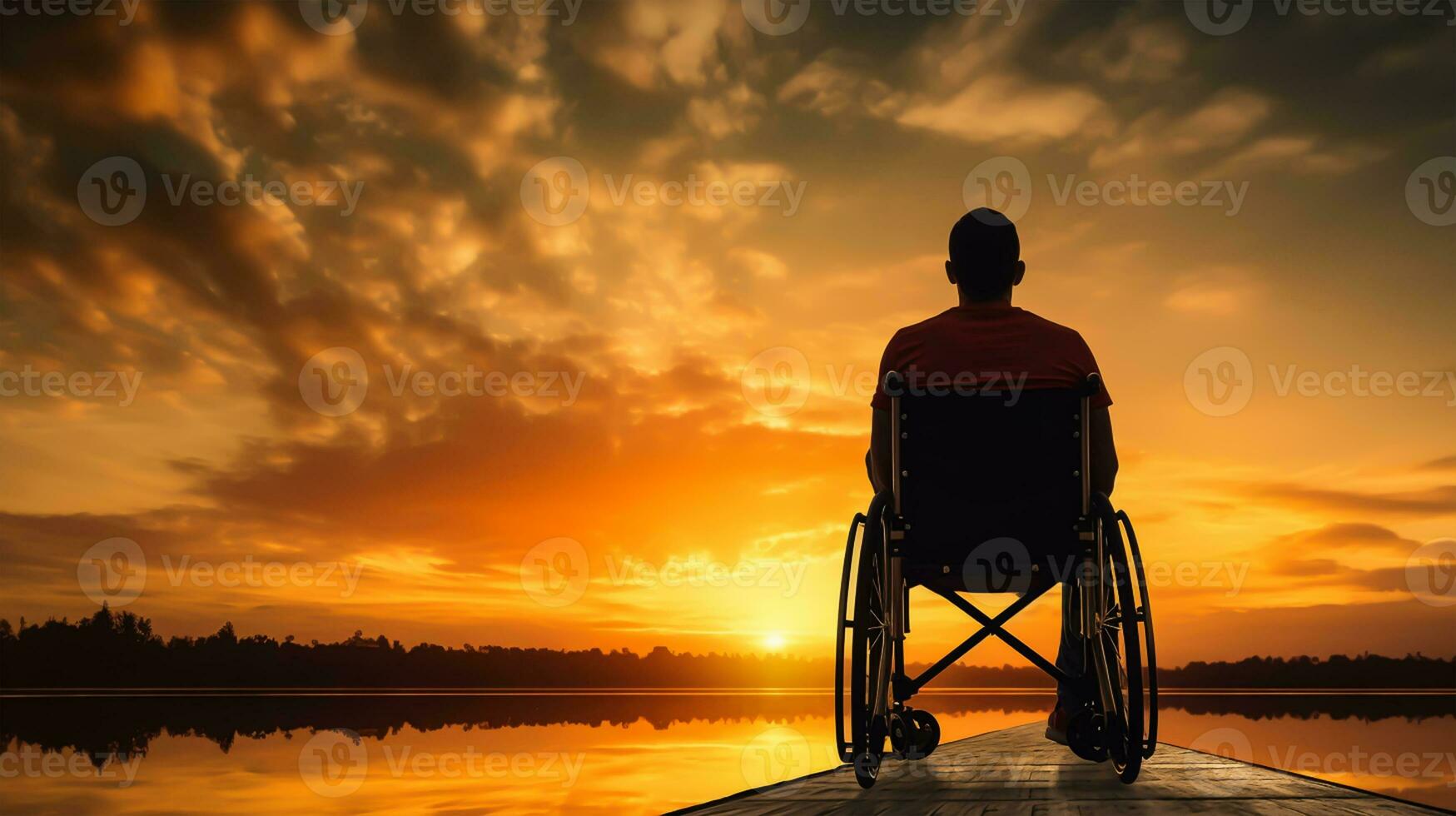 Silhouette of disabled man on wheelchair at the beach during sunset, Disable day photo