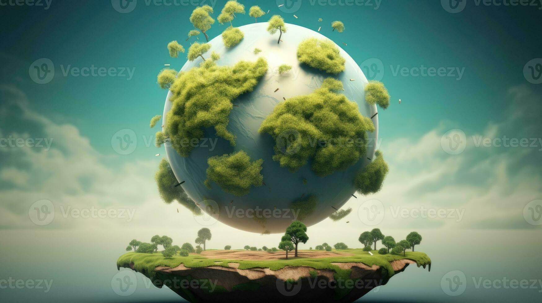 Eco concept with green planet and trees, world ozone day photo