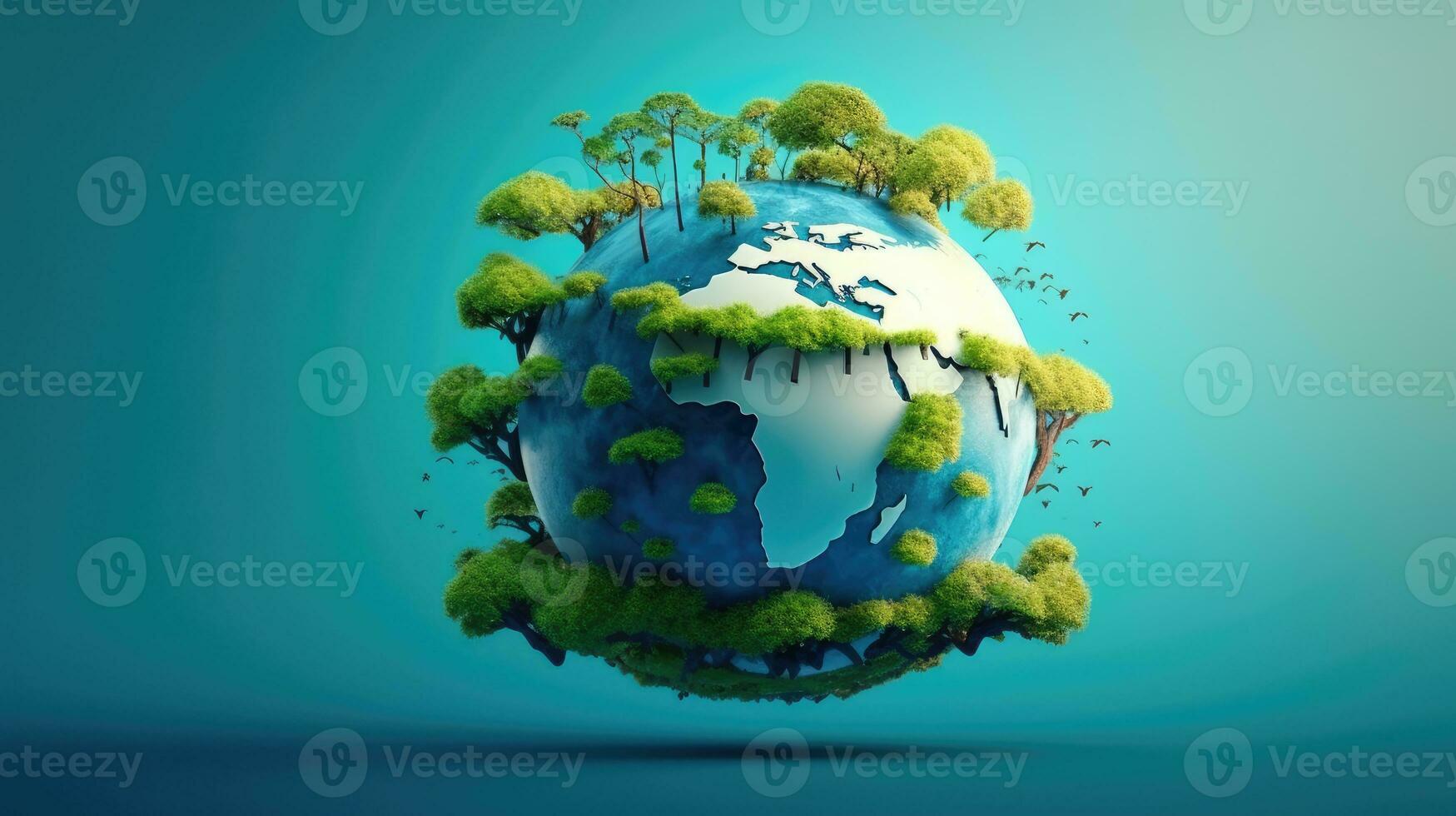 Eco concept with green planet and trees, world ozone day photo