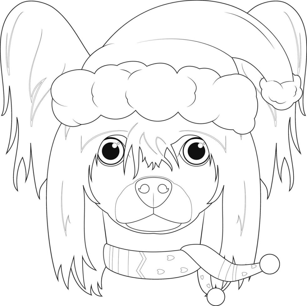 Christmas greeting card for coloring. Chinese Crested Dog with Santa's hat and a woolen scarf for winter vector