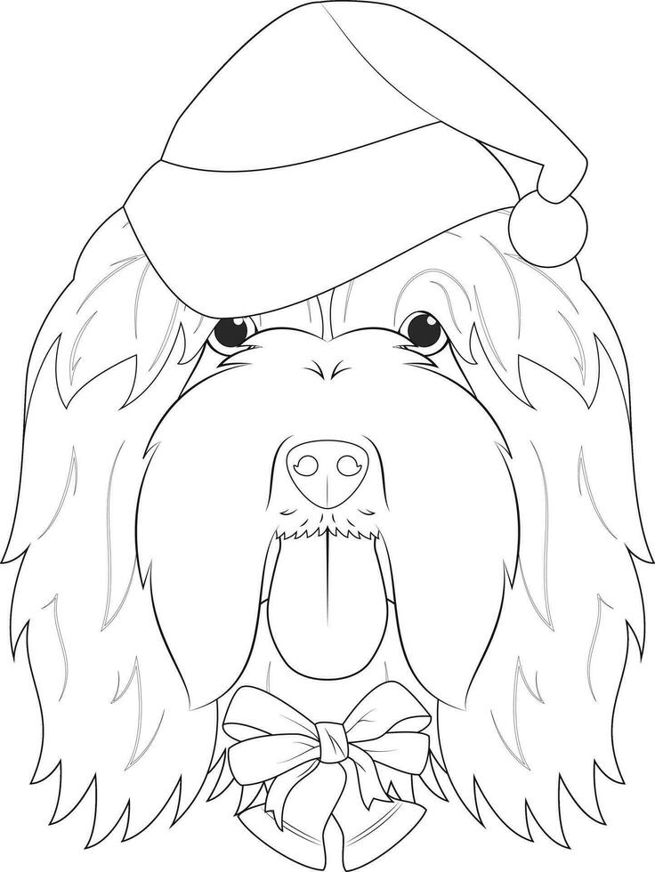 Christmas greeting card for coloring. Bearded Collie dog with Santa's hat and golden Christmas bells vector