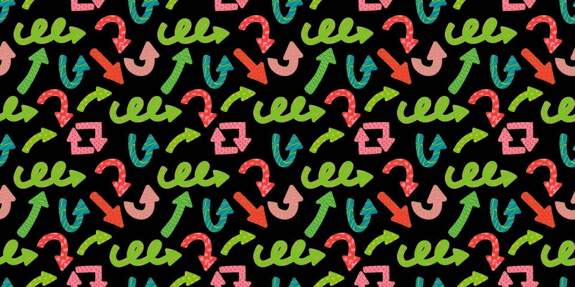 Colorful playful arrows in trendy style with vector texture. Direction indicators seamless pattern.