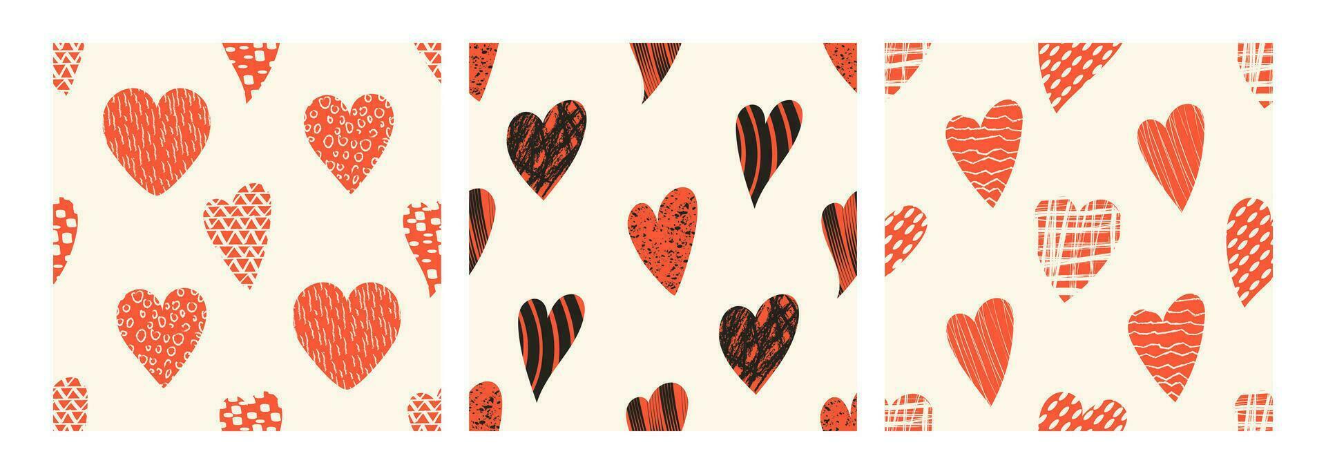 Hand drawn hearts with loop, drops, spots, curves, lines and waves seamless pattern. Hand drawn doodle elements. Vector illustration with wavy and spiral elements.