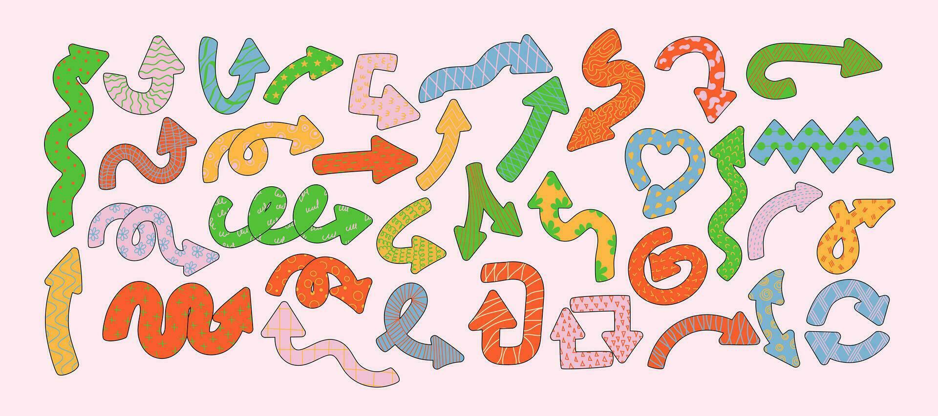 Naive playful arrow pointers with vector texture in trendy retro style. Y2k aesthetic. Dynamic arrow signs for design