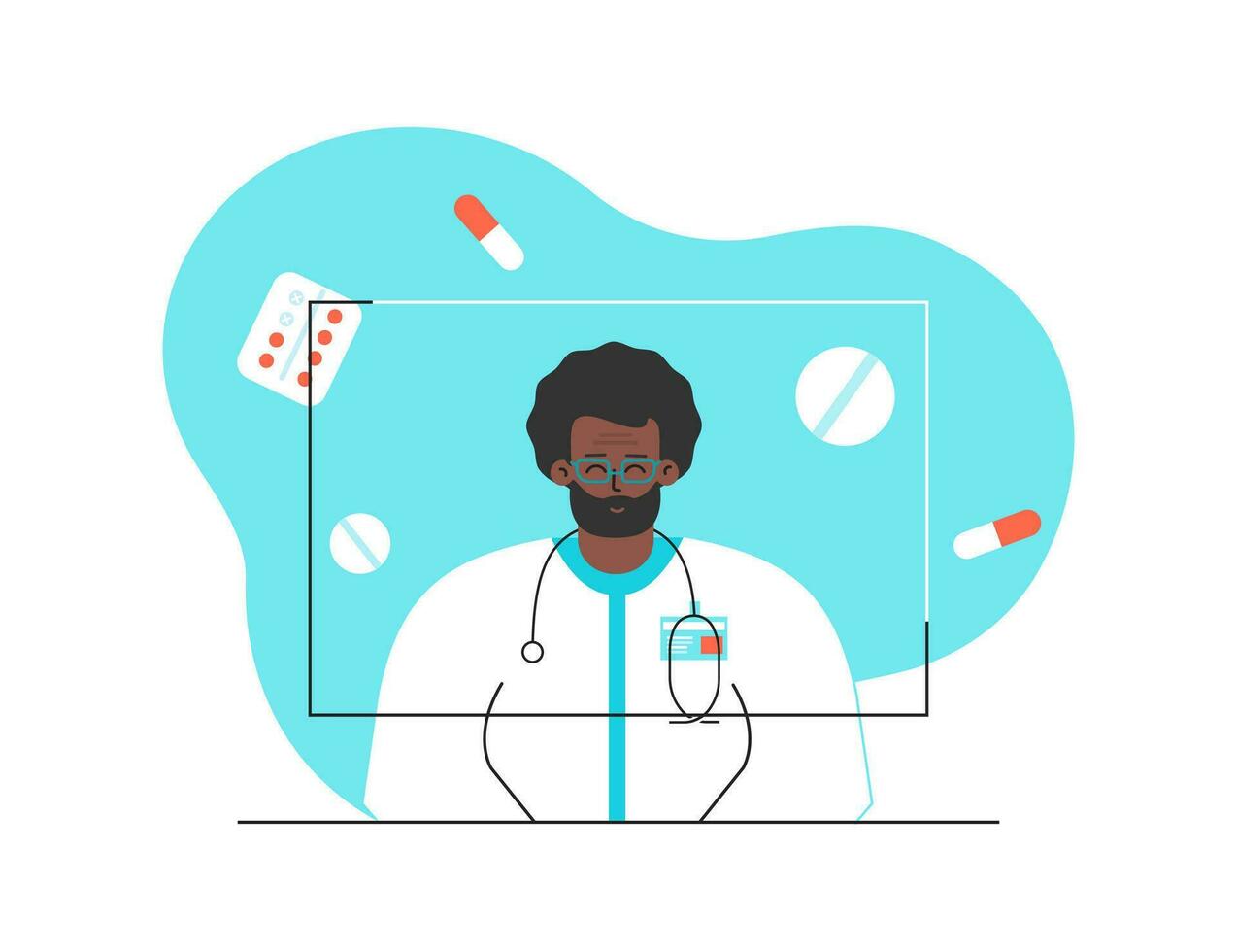 Vector isolated flat concept. Online consultation and diagnostic by doctor. Video call on computer. African American man dressed in medical gown. Telehealth from physician helping choose of drugs