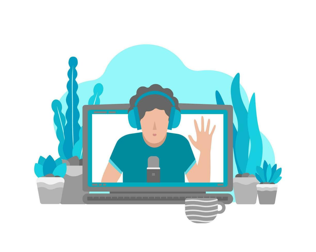 Vector flat illustration with laptop and person on screen at home recordind video on webcam. Remote work by bloggers, podcast hosts, teachers using online stream servises.  Life style in quarantine