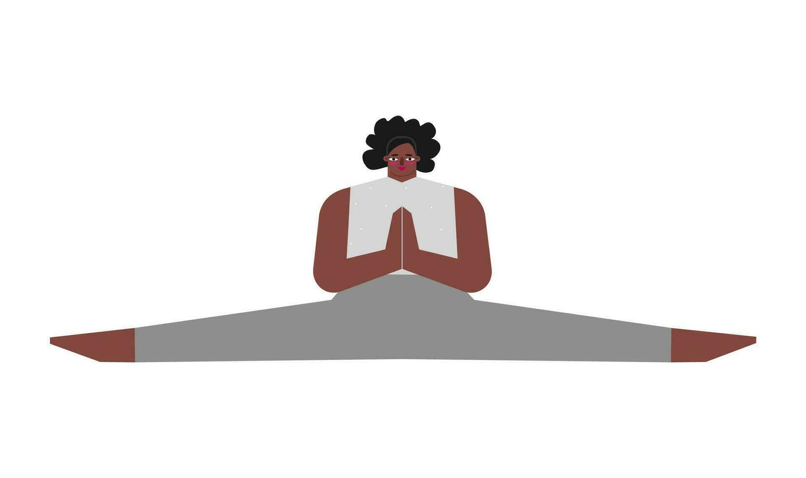 Vector isolated concept with flat female character. Strong african american woman learns stretching posture and does Side Split at yoga class. Basic exercise for beginners - Samakonasana