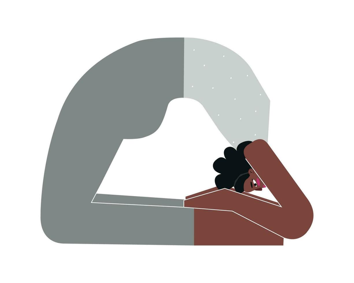 Vector isolated concept with flat african american female character. Strong woman learns posture Kapotasana at yoga class. Fitness exercise with Backbend - Pigeon Pose