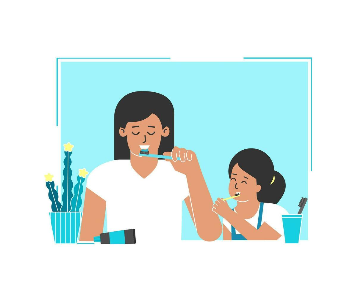 Vector flat isolated concept. Dental daily routine. Happy family with mother and daughter clean teeth by toothbrushes in front of mirror. Health care and oral hygiene to prevent caries, remove tartar