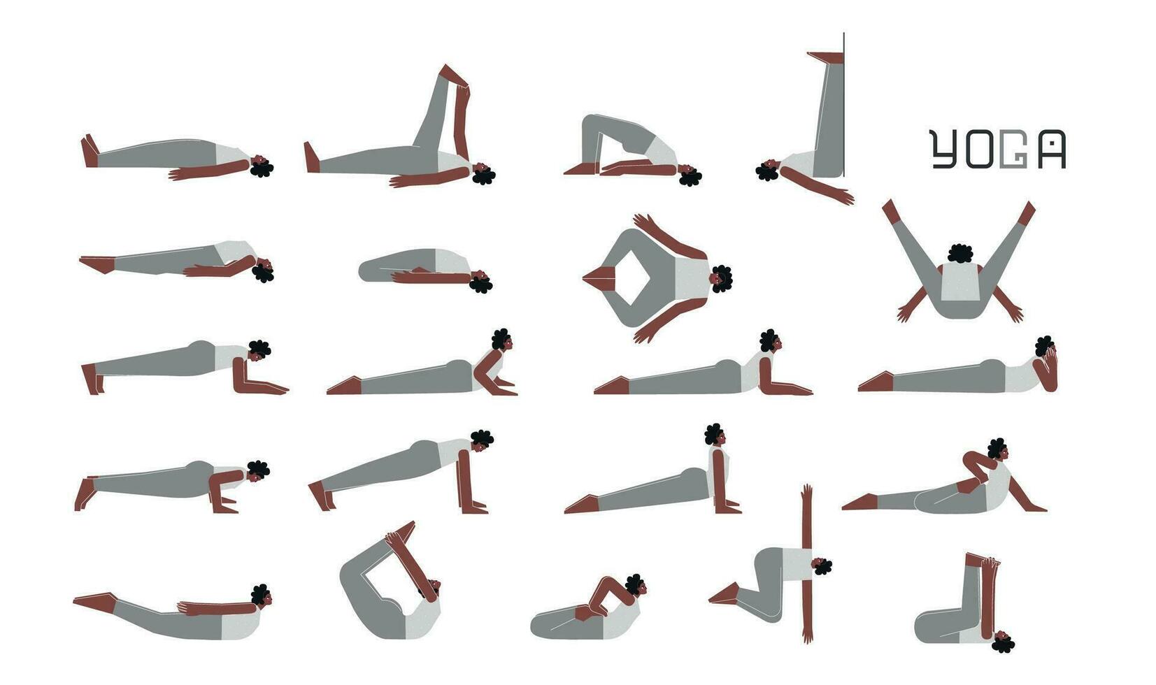 Vector flat isolated illustration collection with female character doing yoga. African American woman learns lying on back and plank postures. Set of basic sports exercise for beginners