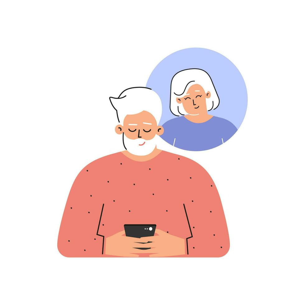 Vector isolated flat concept. Cartoon characters. Caucasian elderly man sends SMS on phone to his senior girlfriend. Mobile app for online dating and romance. Gadgets for communication of old people