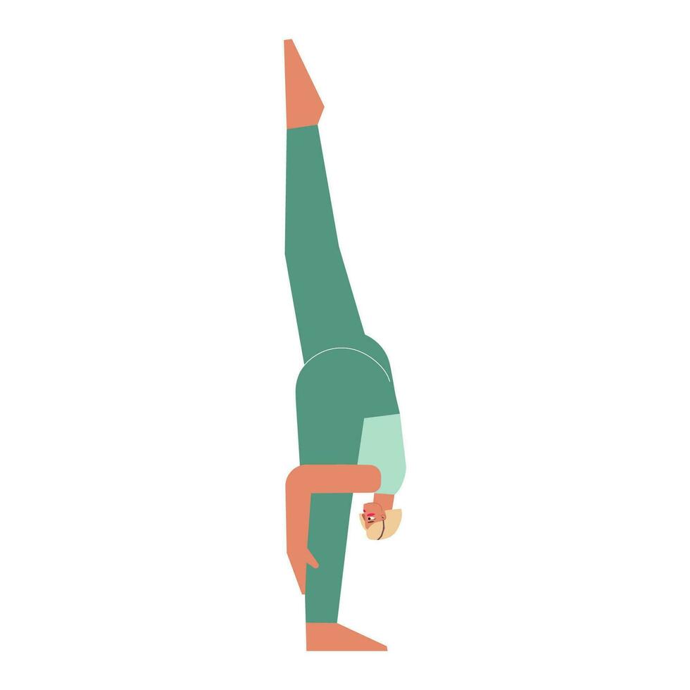 Vector isolated illustration with flat female character. Sportive woman learns posture with Forward Bend - Urdhva Prasarita Eka Padasana at yoga class. Fitness exercise - Standing Split