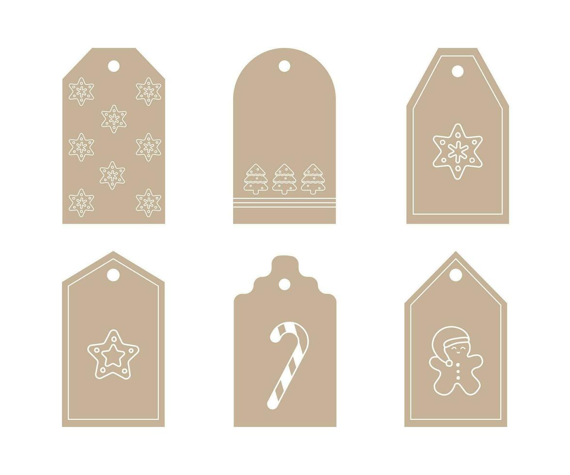 Vector isolated set of Christmas gift tags with various shapes. Template for decoration with white line arts of gingerbread cookies and man, xmas trees. Made in craft style from paper or cardboard