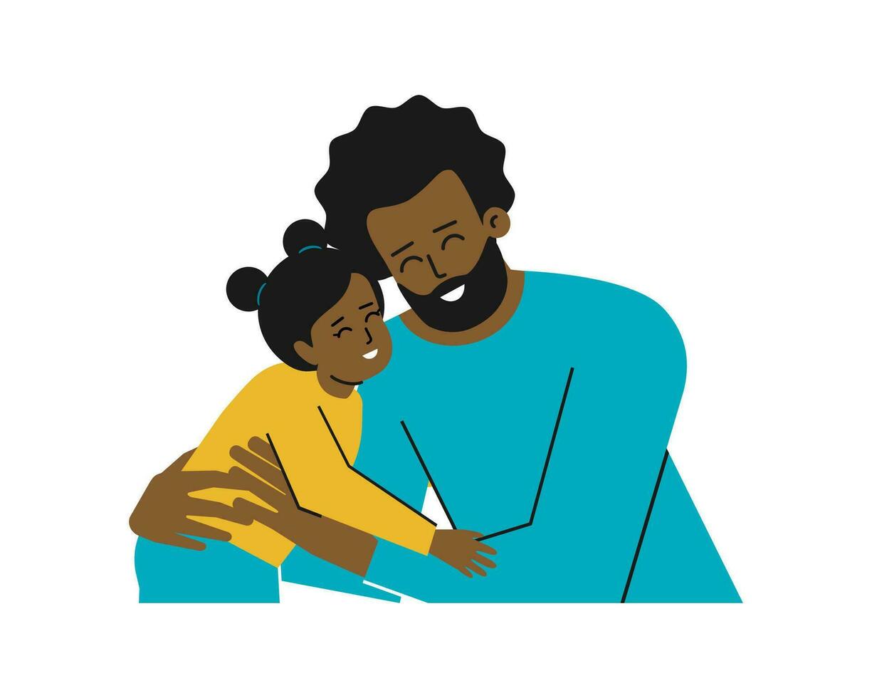 vector aislado ilustración con retrato de dibujos animados caracteres. africano americano joven padre abrazos su pequeño hija. papi y bebé niña son contento juntos, sonriente. sano familia relaciones