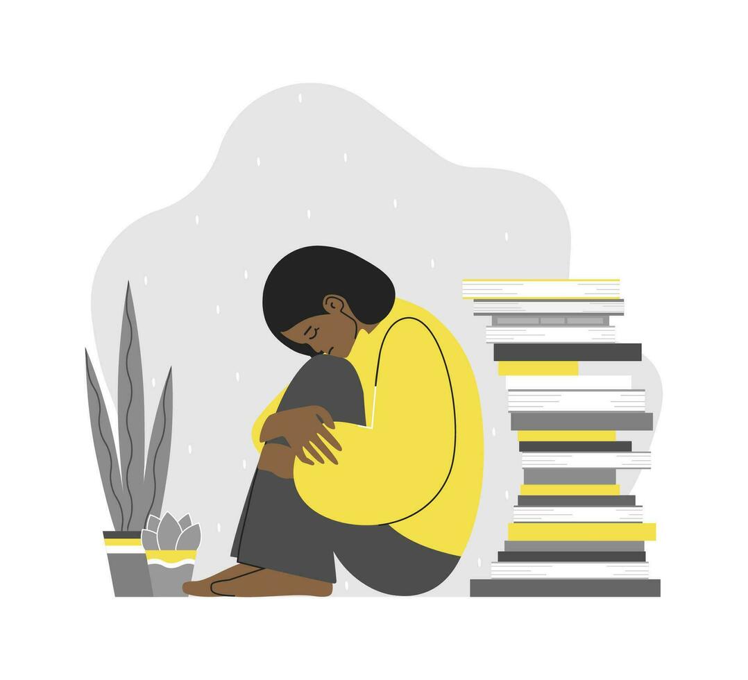 Vector flat concept with tired student female sitting and hugging her knees. African American woman is in depressed mood, try to keep mental health during study a lot of literature, exam preparation