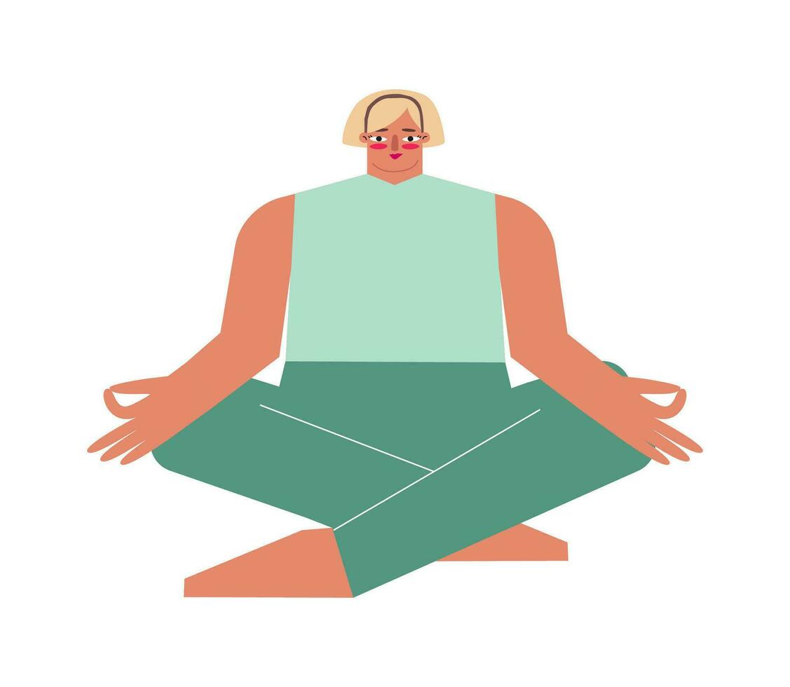 Vector isolated illustration with flat female sportive character. Strong adult blonde woman learns basic posture and does Easy Pose at yoga class. Core exercise for meditation - Sukhasana