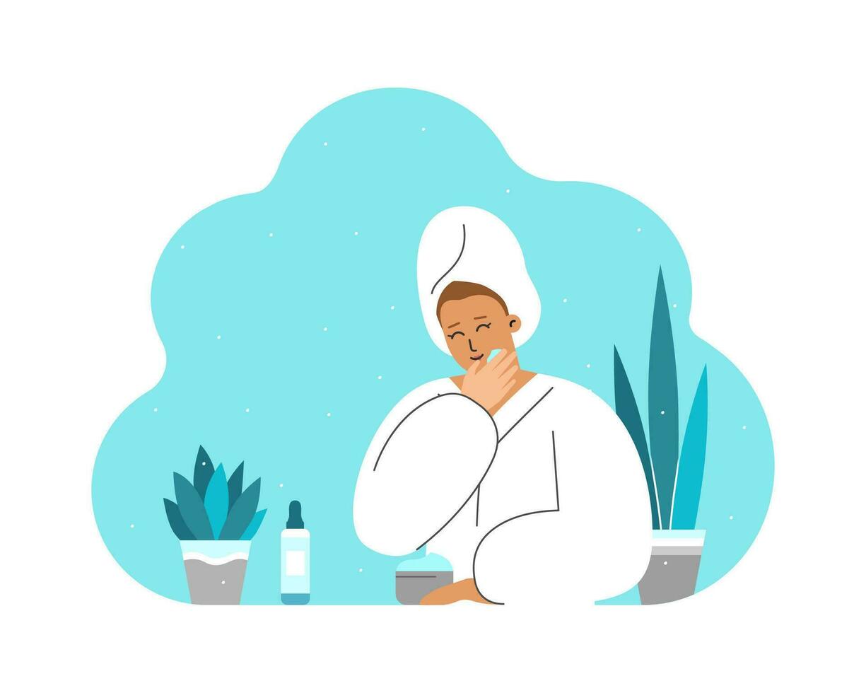 Vector flat isolated illustration with smiling Caucasian young woman in bathroom, wearing in towel, bathrobe. Skin care routine. Using cosmetic products as moisturizing face cream, serum. Copy space