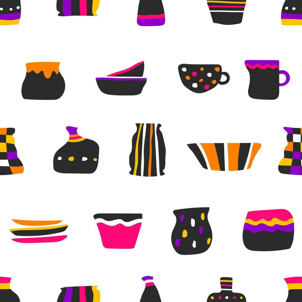 Vector seamless pattern with objects of handmade ceramic tableware. Colorful collection of hand drawn craft earthenware. Vases, cup for tea, plates, jar, pot are made in pottery wheel.