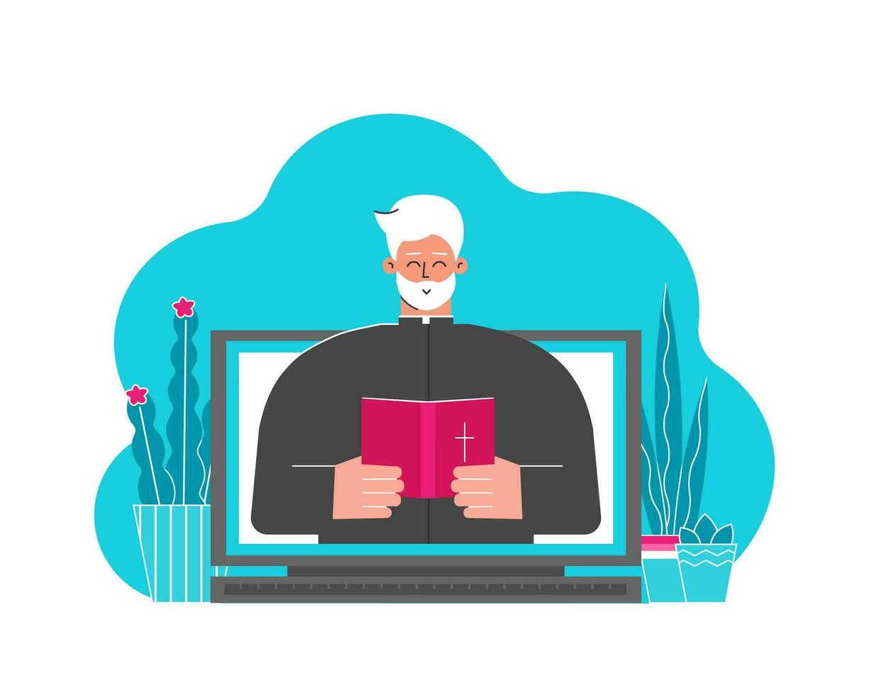 Vector flat concept. Catholic pastor cartoon character preaches sermon people staying home. Priest holds Bible. Online conference on laptop. Digital services and apps as part of modern Church Life