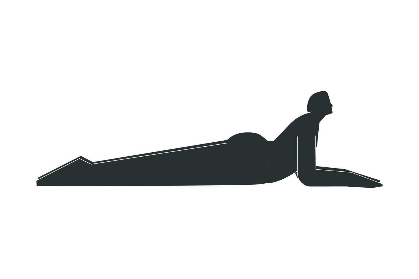 vector aislado concepto con plano negro silueta de hembra personaje haciendo finura. atlético mujer aprende yoga postura - esfinge pose. juguetón ejercicio - salamba bhujangasana