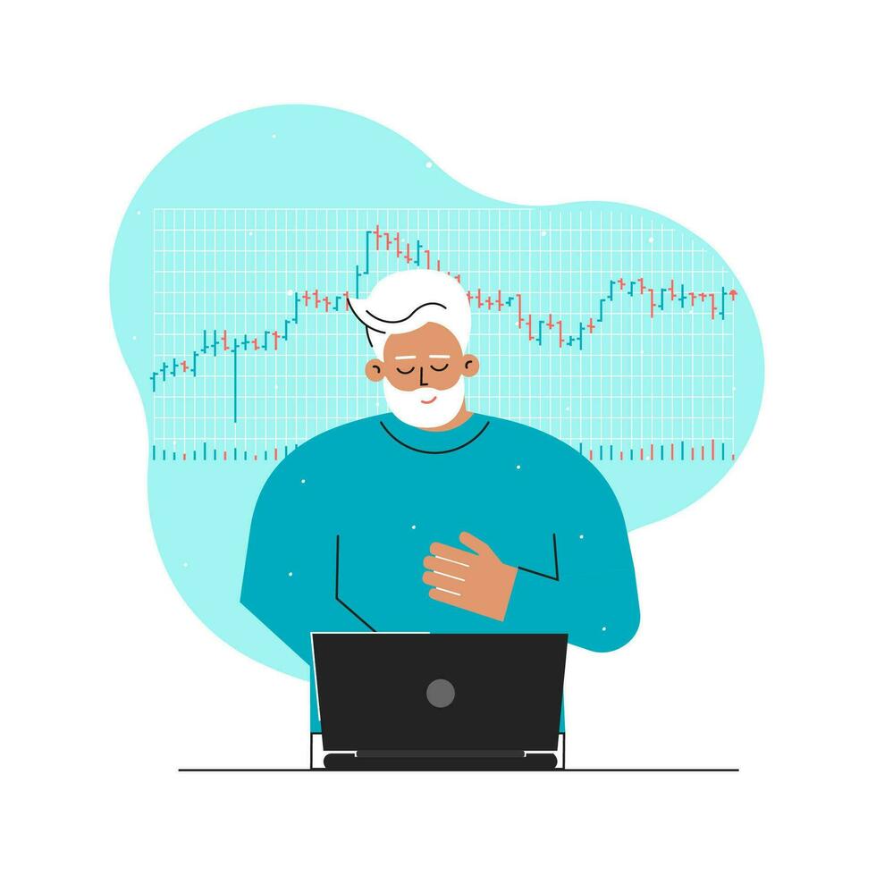 Vector concept with flat character of trader. Senior caucasian man is investor and works online on stocks exchange using laptop, analyzes data on bar chart, decides to sell shares. Financial market