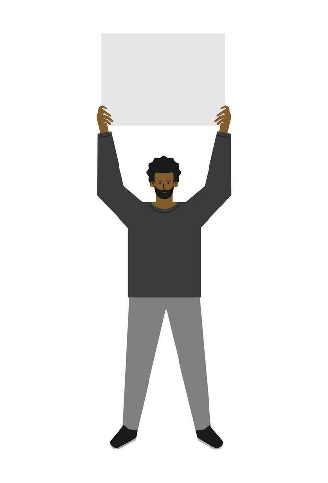 Vector isolated flat concept. Single picket and strike of african american man. Fight for human rights and stop racism and violence from police. Cartoon character. Black guy demands justice