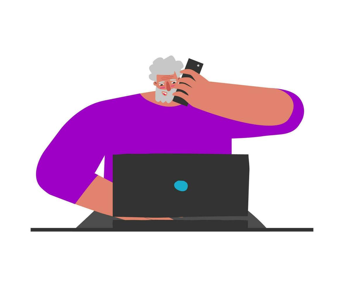 Vector flat isolated illustration. American senior man sits at desktop and works on laptop on internet. Lifestyle of adult businessman. Man is hard worker, he is professional game investor, developer